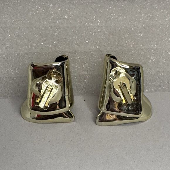 Vintage 80’s Gold Tone Sculptural Clip On Earrings Bold Abstract Geometric - Picture 3 of 4